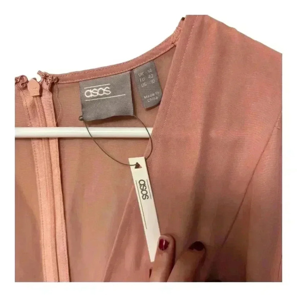 ASOS NWT Rose Pink Lace, Ruffle, Pleating Details Long Sleeve Midi Dress - Picture 4 of 15